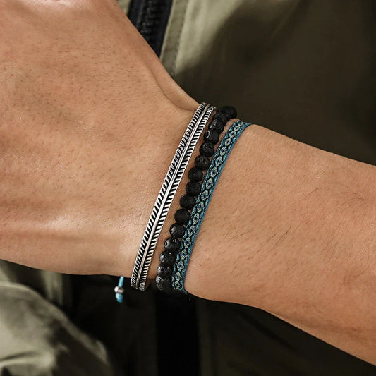 Tibetan Steel & Handmade Spirit Bracelet for "Faith in Self" (Beads made of Black Volcanic Stone)