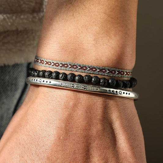 Tibetan Steel & Handmade Spirit Bracelet for "Harmony & Sacred Union" (Beads made with Volcanic Stone)