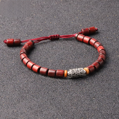 Buddhist Handcrafted Nature Sandalwood Bracelet for "Protection & Courage" - with Prayer Wheel, Mala Beads & Healing Natural Sanders Wood