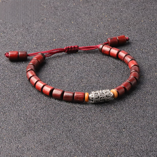 Buddhist Handcrafted Nature Sandalwood Bracelet for "Protection & Courage" - with Prayer Wheel, Mala Beads & Healing Natural Sanders Wood