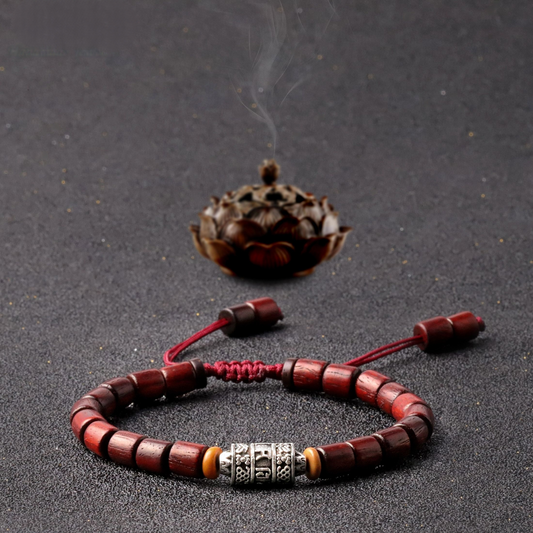 Buddhist Handcrafted Nature Sandalwood Bracelet for "Protection & Courage" - with Prayer Wheel, Mala Beads & Healing Natural Sanders Wood