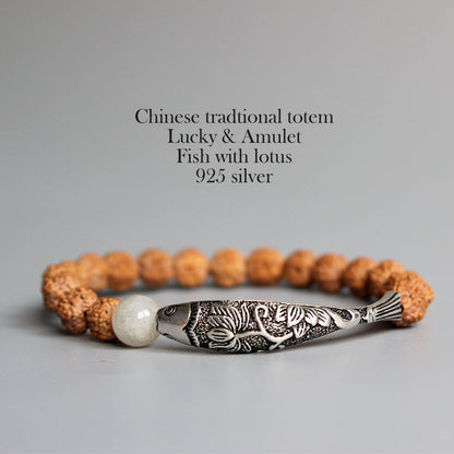 Buddhist Handcrafted Nature Sandalwood Bracelet for "High Energy" (made with Traditional Chinese Fish Lucky Charm & Rudraksha Seeds