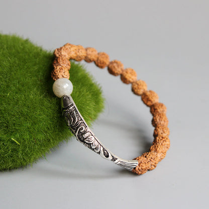 Buddhist Handcrafted Nature Sandalwood Bracelet for "High Energy" (made with Traditional Chinese Fish Lucky Charm & Rudraksha Seeds
