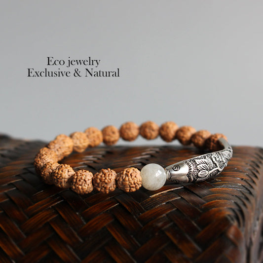 Buddhist Handcrafted Nature Sandalwood Bracelet for "High Energy" (made with Traditional Chinese Fish Lucky Charm & Rudraksha Seeds