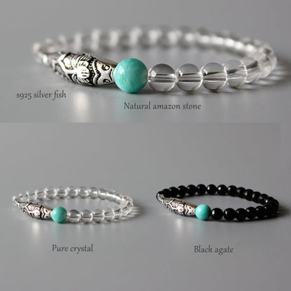 Lucky Fish Charm Bracelet (Pure Quartz, Black Agate, and Natural Amazon Stone)