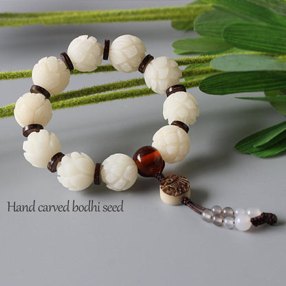 Buddhist Handcrafted Nature Sandalwood White Lotus Bracelet (Bodhi Ivory  Seed)