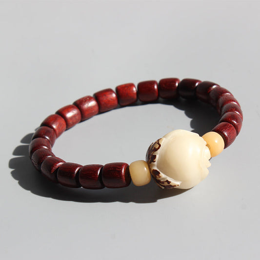 Buddhist Handcrafted Nature Sandalwood Strength & Peace of Mind Bracelet with Carved Rose Charm
