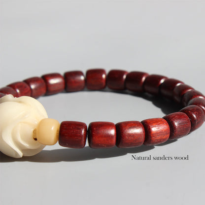 Buddhist Handcrafted Nature Sandalwood Strength & Peace of Mind Bracelet with Carved Rose Charm