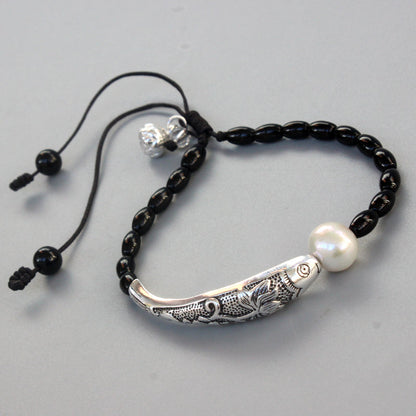 Buddhist Handcrafted Nature Sandalwood Emotion-soothing Bracelet with Fish Charm (Black Stone & Natural Pearl)