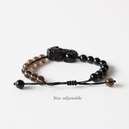 Buddhist Handcrafted Nature Sandalwood Pixiu Dragon Confidence Bracelet - (Black Obsidian & Smoky Crystal)