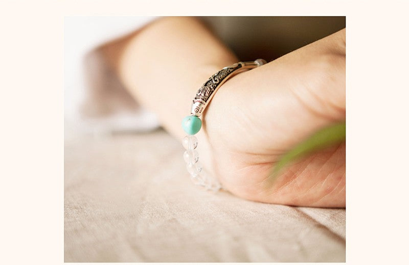 Lucky Fish Charm Bracelet (Pure Quartz, Black Agate, and Natural Amazon Stone)