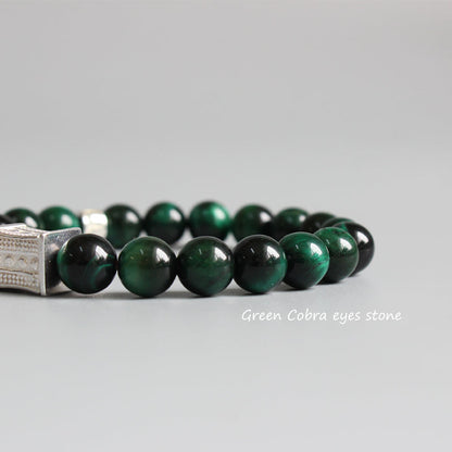 Protection Bracelet with Om Mani Padme Hum Charm (Green Cobra Eyestone)