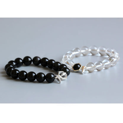 Buddhist Handcrafted Nature Sandalwood Bracelet for "Couples" - Black Obsidian & Pure Crystal Beads Couple (Pure Quartz and Natural Obsidian)