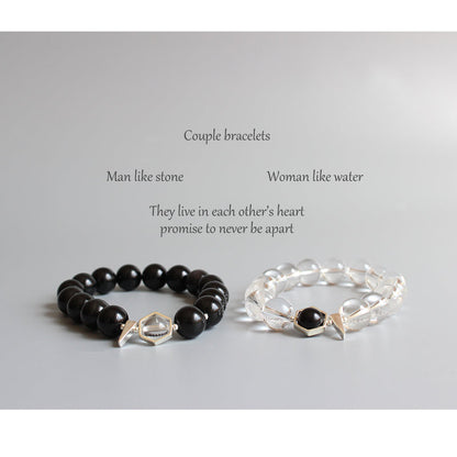 Buddhist Handcrafted Nature Sandalwood Bracelet for "Couples" - Black Obsidian & Pure Crystal Beads Couple (Pure Quartz and Natural Obsidian)