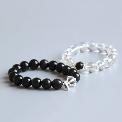 Buddhist Handcrafted Nature Sandalwood Bracelet for "Couples" - Black Obsidian & Pure Crystal Beads Couple (Pure Quartz and Natural Obsidian)