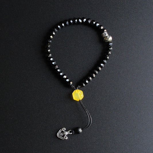 Buddhist Handcrafted Nature Sandalwood Mala Prayer Bracelet for "Power & Authority" (Black Stone & White Copper)