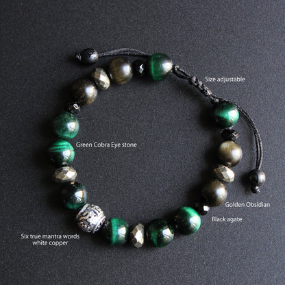 Buddhist Handcrafted Nature Sandalwood Divinity Bracelet (Green Cobra Eye Stone and Obsidian)