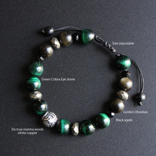 Buddhist Handcrafted Nature Sandalwood Divinity Bracelet (Green Cobra Eye Stone and Obsidian)