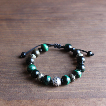 Buddhist Handcrafted Nature Sandalwood Divinity Bracelet (Green Cobra Eye Stone and Obsidian)