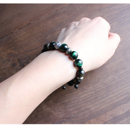 Buddhist Handcrafted Nature Sandalwood Divinity Bracelet (Green Cobra Eye Stone and Obsidian)