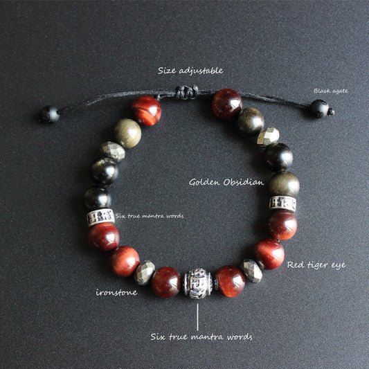 Buddhist Handcrafted Nature Sandalwood Balance Bracelet (Obsidian and Tiger Eye Stone)