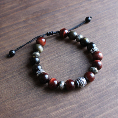 Buddhist Handcrafted Nature Sandalwood Balance Bracelet (Obsidian and Tiger Eye Stone)