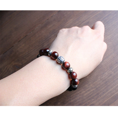 Buddhist Handcrafted Nature Sandalwood Balance Bracelet (Obsidian and Tiger Eye Stone)