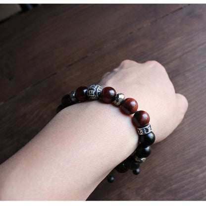 Buddhist Handcrafted Nature Sandalwood Balance Bracelet (Obsidian and Tiger Eye Stone)