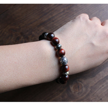 Buddhist Handcrafted Nature Sandalwood Balance Bracelet (Obsidian and Tiger Eye Stone)