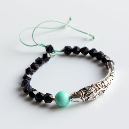 Buddhist Handcrafted Nature Sandalwood Dream Bracelet with Lucky Fish Charm (Ocean Blue Sandstone)