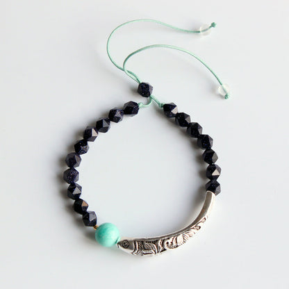 Buddhist Handcrafted Nature Sandalwood Dream Bracelet with Lucky Fish Charm (Ocean Blue Sandstone)