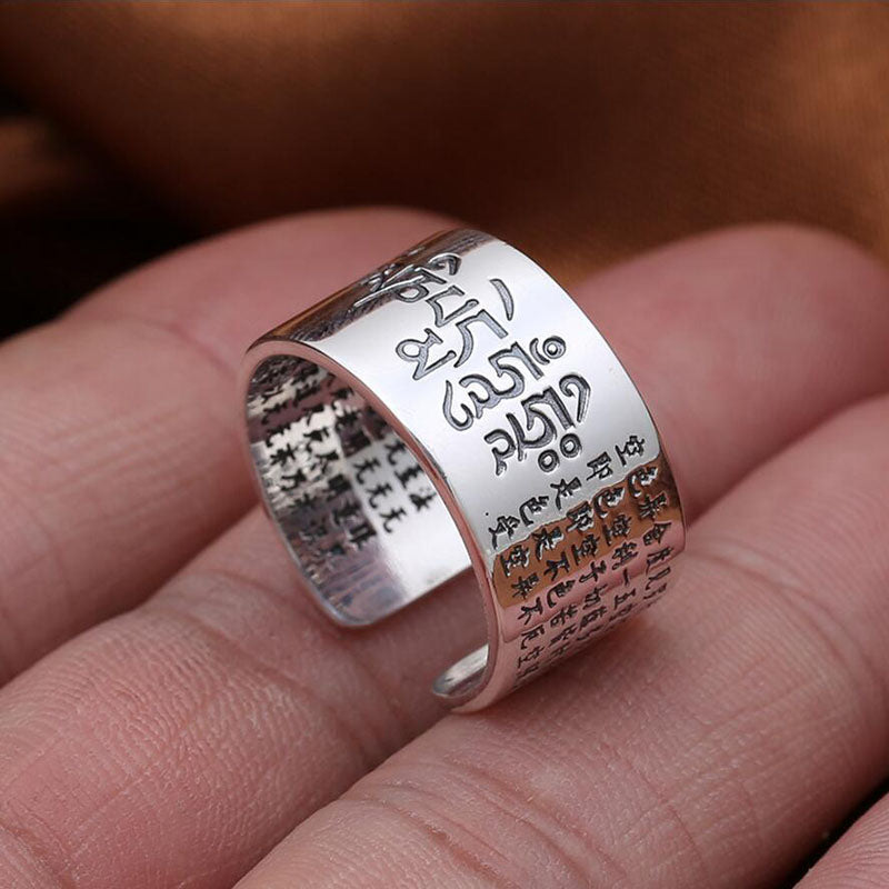 Open Ring of Simplicity and Elegance with Heart Sutra Engraving (Silver)