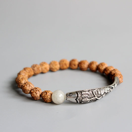 Buddhist Handcrafted Nature Sandalwood Bracelet for "High Energy" (made with Traditional Chinese Fish Lucky Charm & Rudraksha Seeds
