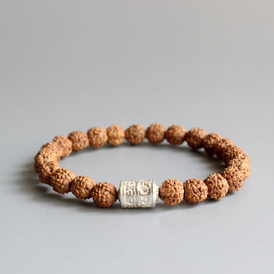 Buddhist Handcrafted Nature Sandalwood Bracelet for "Clear & Open Minded" (made with Mantra Ohm Amulet & Rudraksha Seeds)