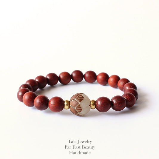 Buddhist Handcrafted Nature Sandalwood Bracelet for "Patience & Health"  with Hand-carved Lotus Flower Charm